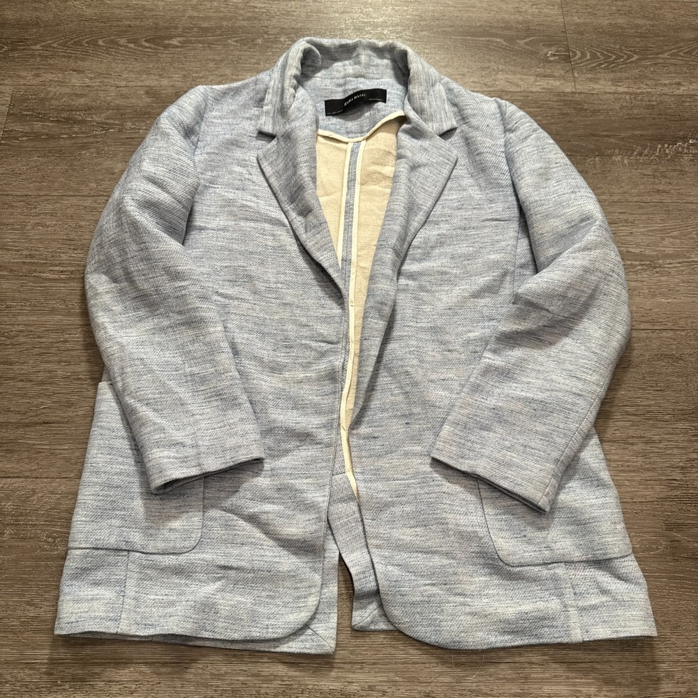 Zara Basic Blazer Womens Large Blue Cardigan Cotton Preppy Open Front Casual
